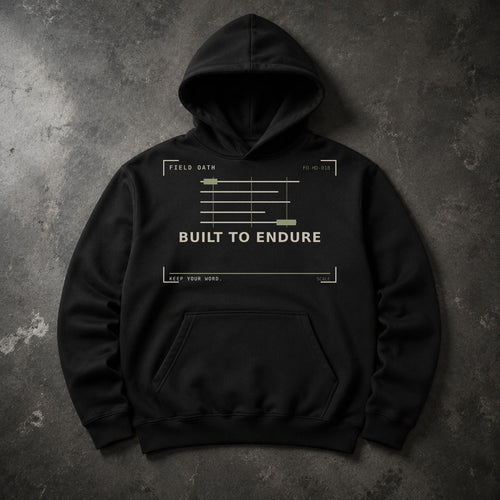 FIELD OATH Built to Endure Hoodie black hoodie front artwork on dark concrete