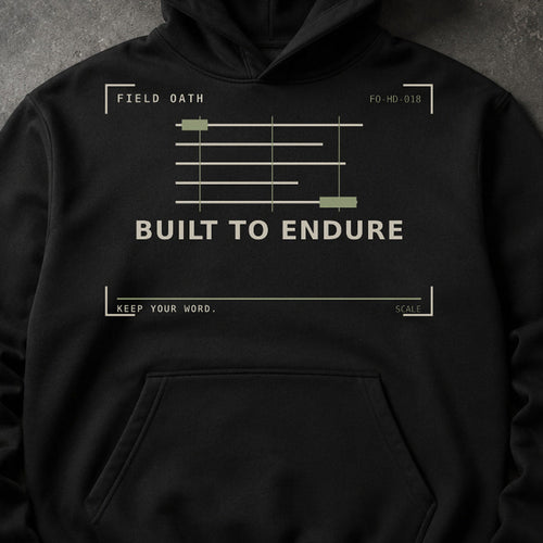 FIELD OATH Built to Endure Hoodie close-up of original tactical artwork and fabric texture