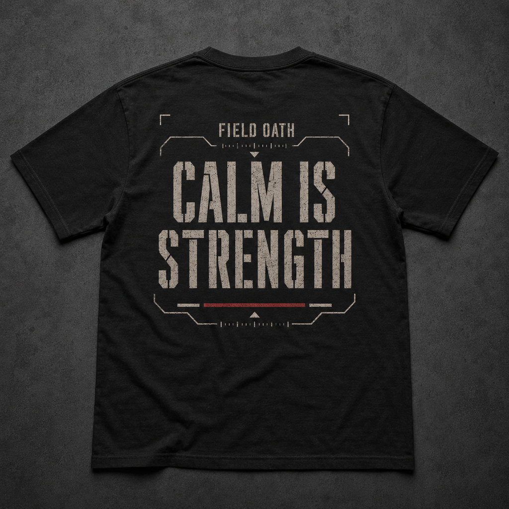 Black FIELD OATH Calm Is Strength T-Shirt back flat lay with tactical command typography