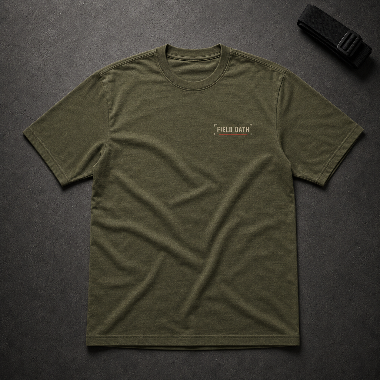 Field olive FIELD OATH Calm Is Strength T-Shirt front flat lay with small chest identifier