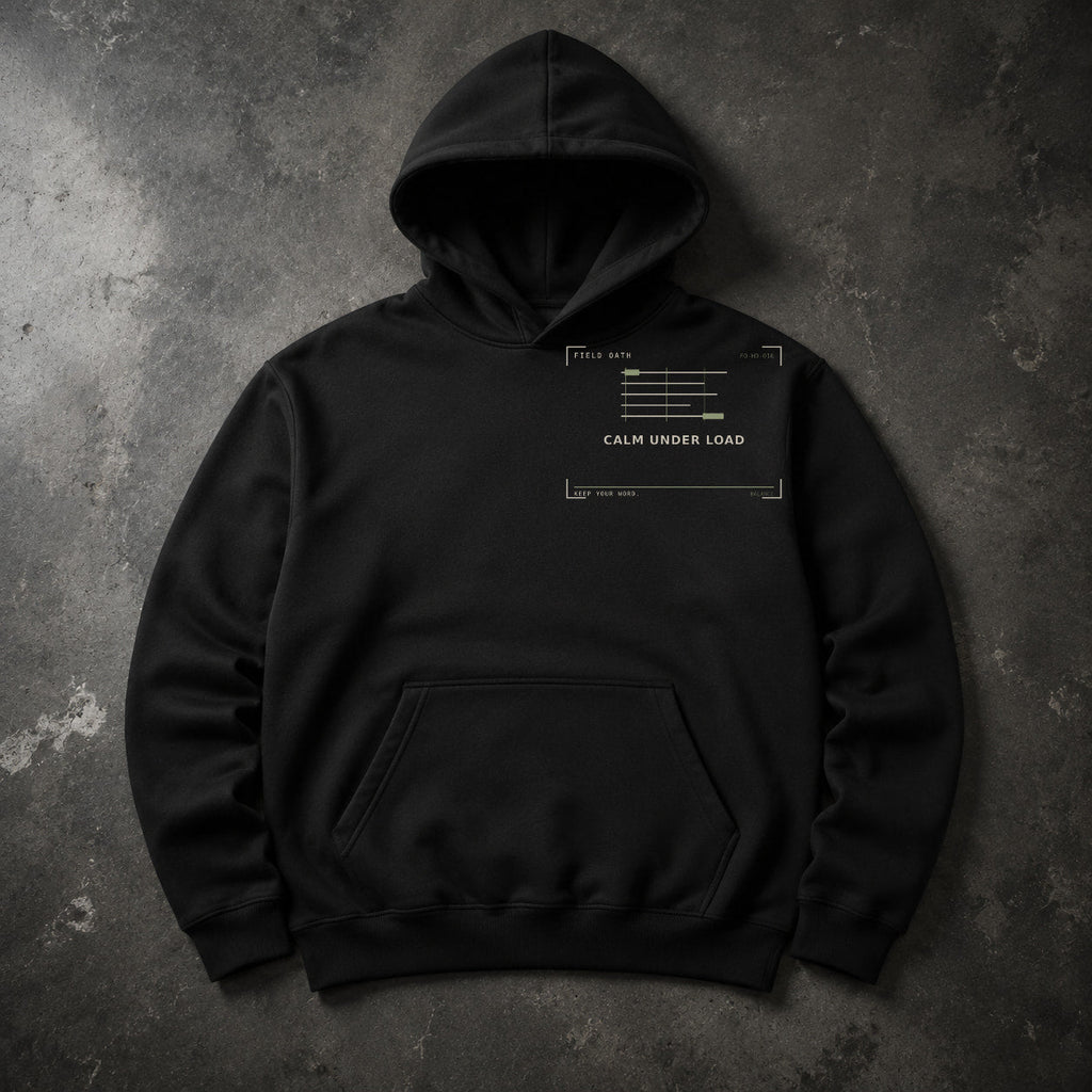 FIELD OATH Calm Under Load Hoodie black hoodie front artwork on dark concrete