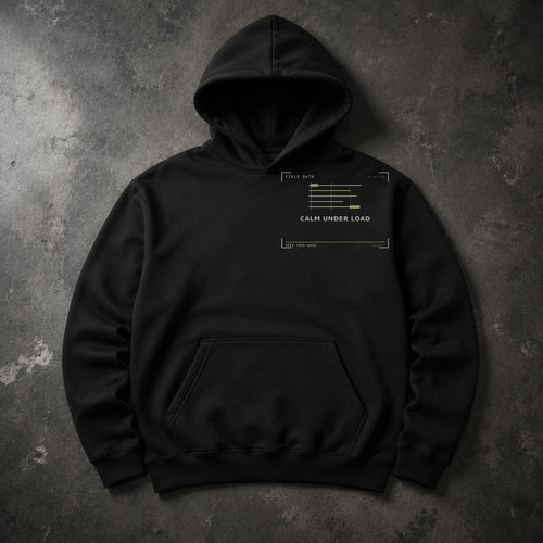 FIELD OATH Calm Under Load Hoodie black hoodie front artwork on dark concrete
