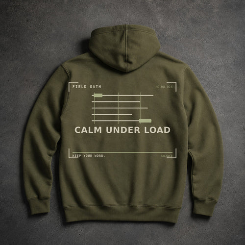 FIELD OATH Calm Under Load Hoodie field olive hoodie large back artwork on dark concrete