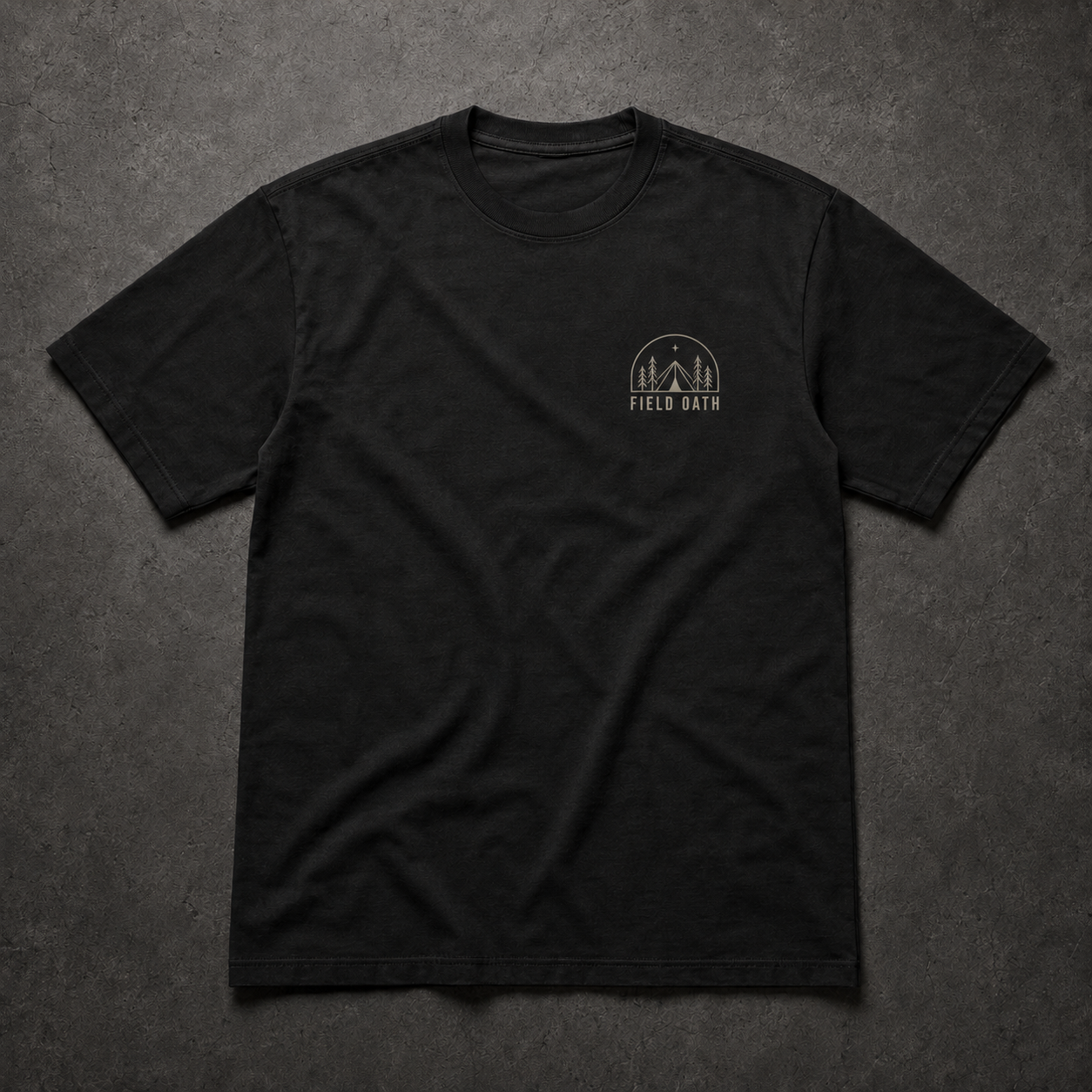 Black FIELD OATH Camp Before Dark T-Shirt front flat lay with shelter and night-arc chest identifier