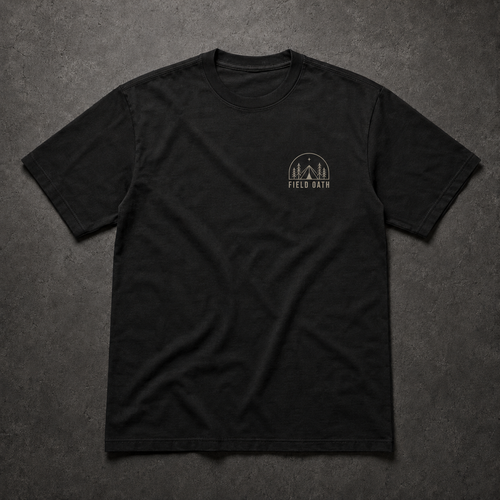 Black FIELD OATH Camp Before Dark T-Shirt front flat lay with shelter and night-arc chest identifier