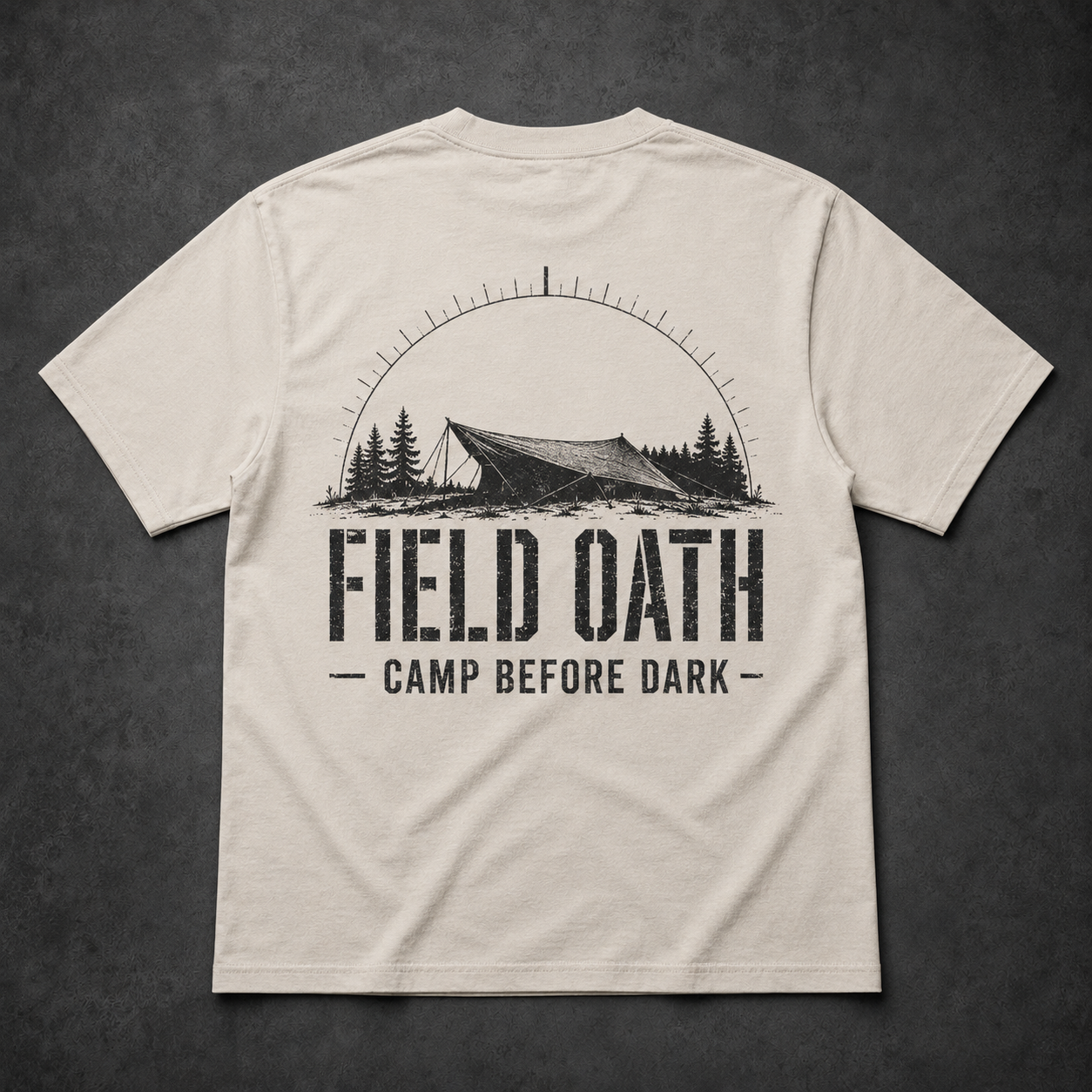 Bone FIELD OATH Camp Before Dark T-Shirt back flat lay with large field shelter and night-watch arc graphic