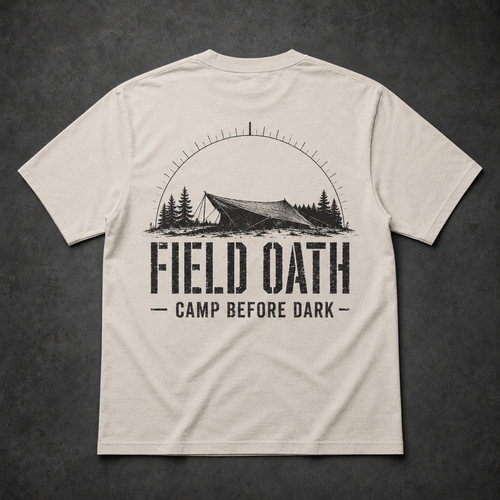 Bone FIELD OATH Camp Before Dark T-Shirt back flat lay with large field shelter and night-watch arc graphic