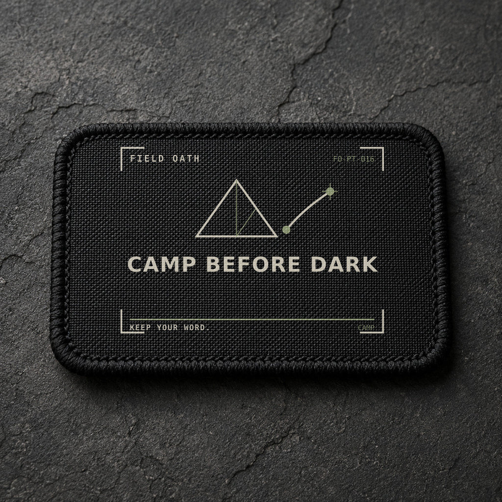 FIELD OATH Camp Before Dark Patch rectangular black embroidered patch with original FIELD OATH artwork