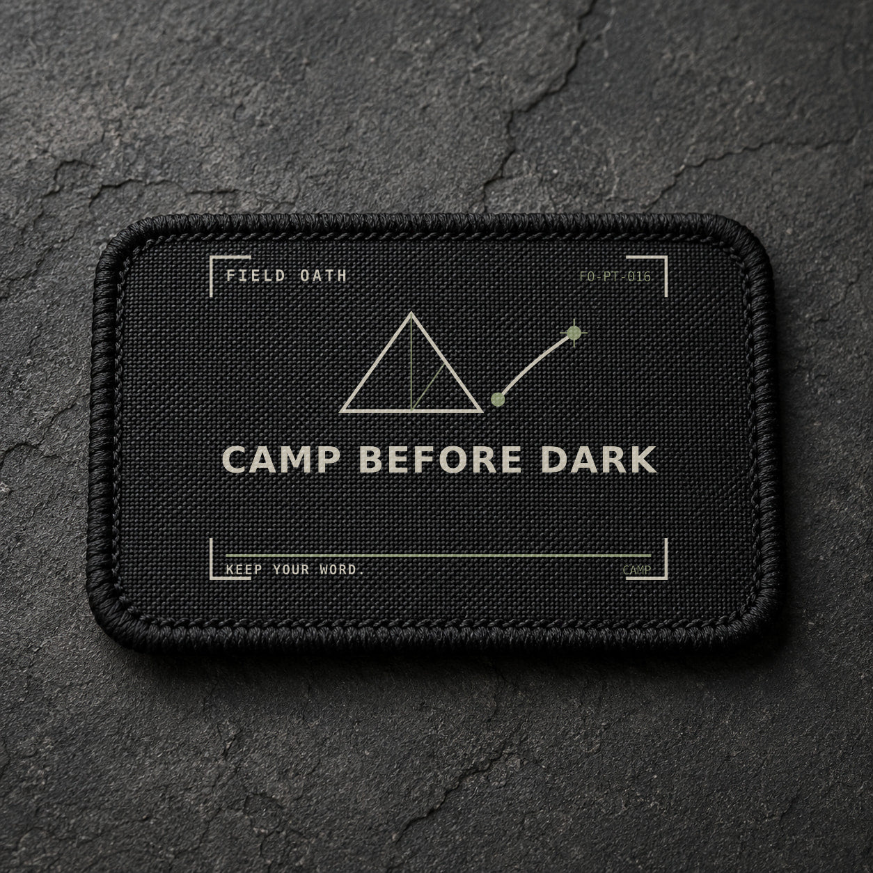 FIELD OATH Camp Before Dark Patch rectangular black embroidered patch with original FIELD OATH artwork