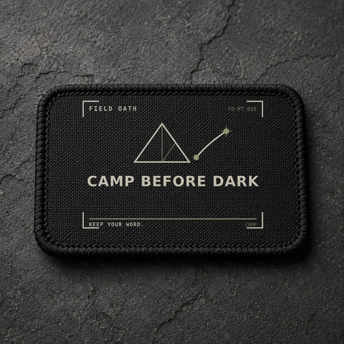 FIELD OATH Camp Before Dark Patch rectangular black embroidered patch with original FIELD OATH artwork
