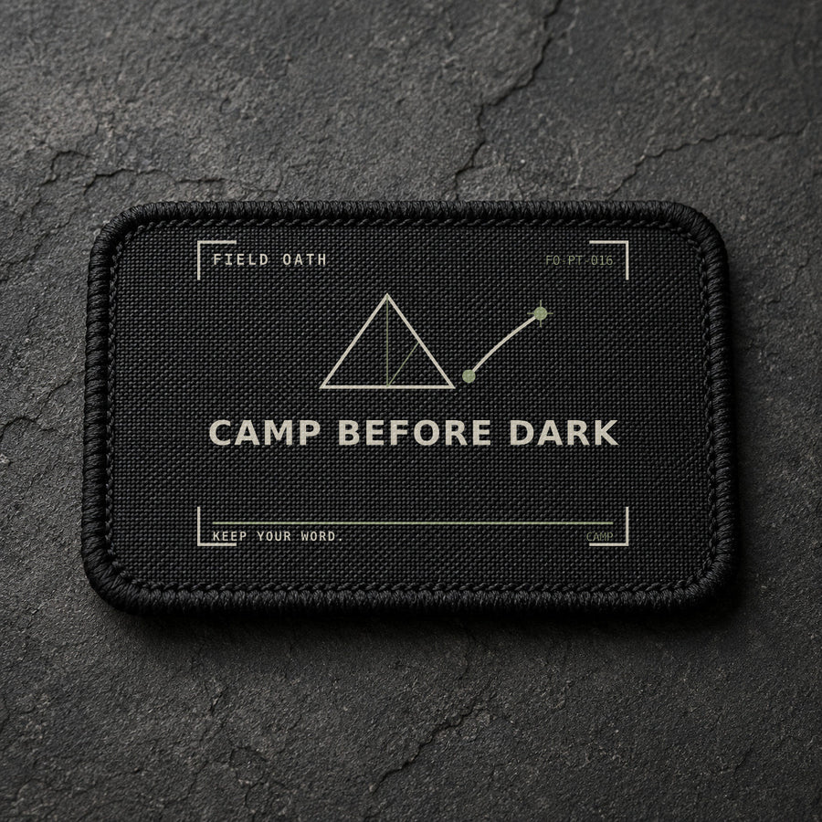 FIELD OATH Camp Before Dark Patch rectangular black embroidered patch with original FIELD OATH artwork