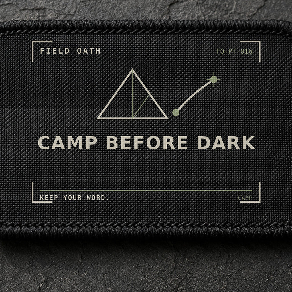 FIELD OATH Camp Before Dark Patch close-up showing woven face, stitched border and embroidery detail