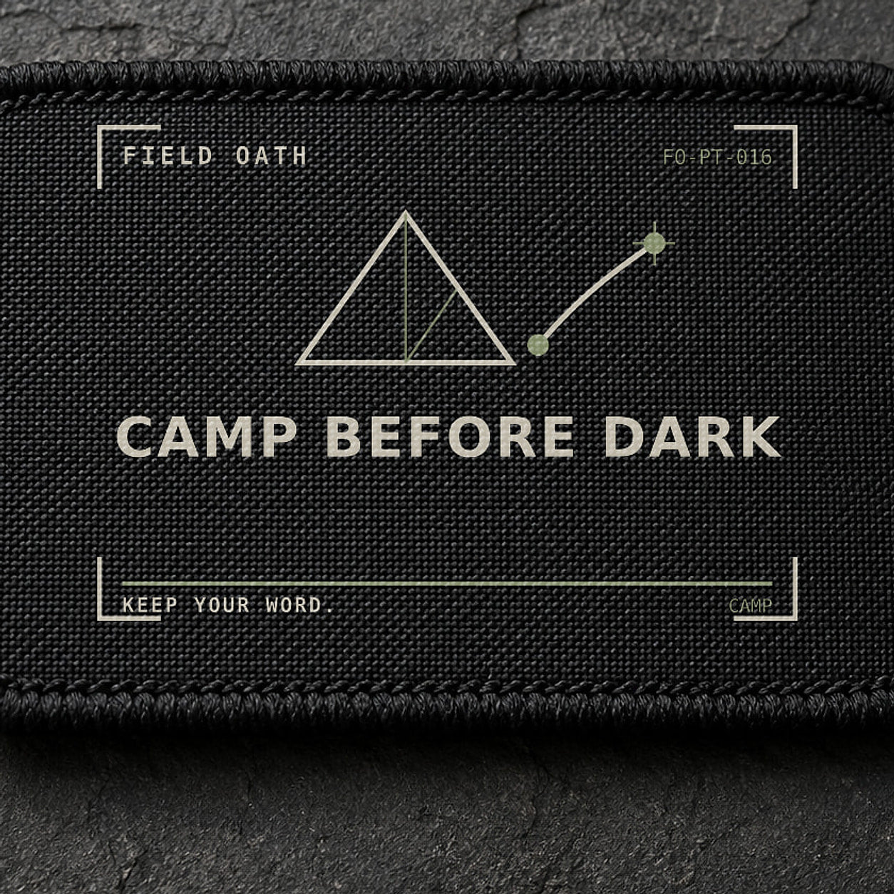 FIELD OATH Camp Before Dark Patch close-up showing woven face, stitched border and embroidery detail