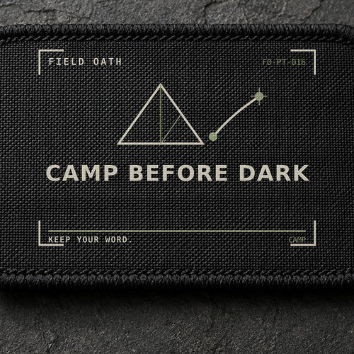 FIELD OATH Camp Before Dark Patch close-up showing woven face, stitched border and embroidery detail