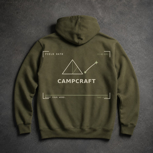 FIELD OATH Campcraft Hoodie field olive hoodie large back artwork on dark concrete