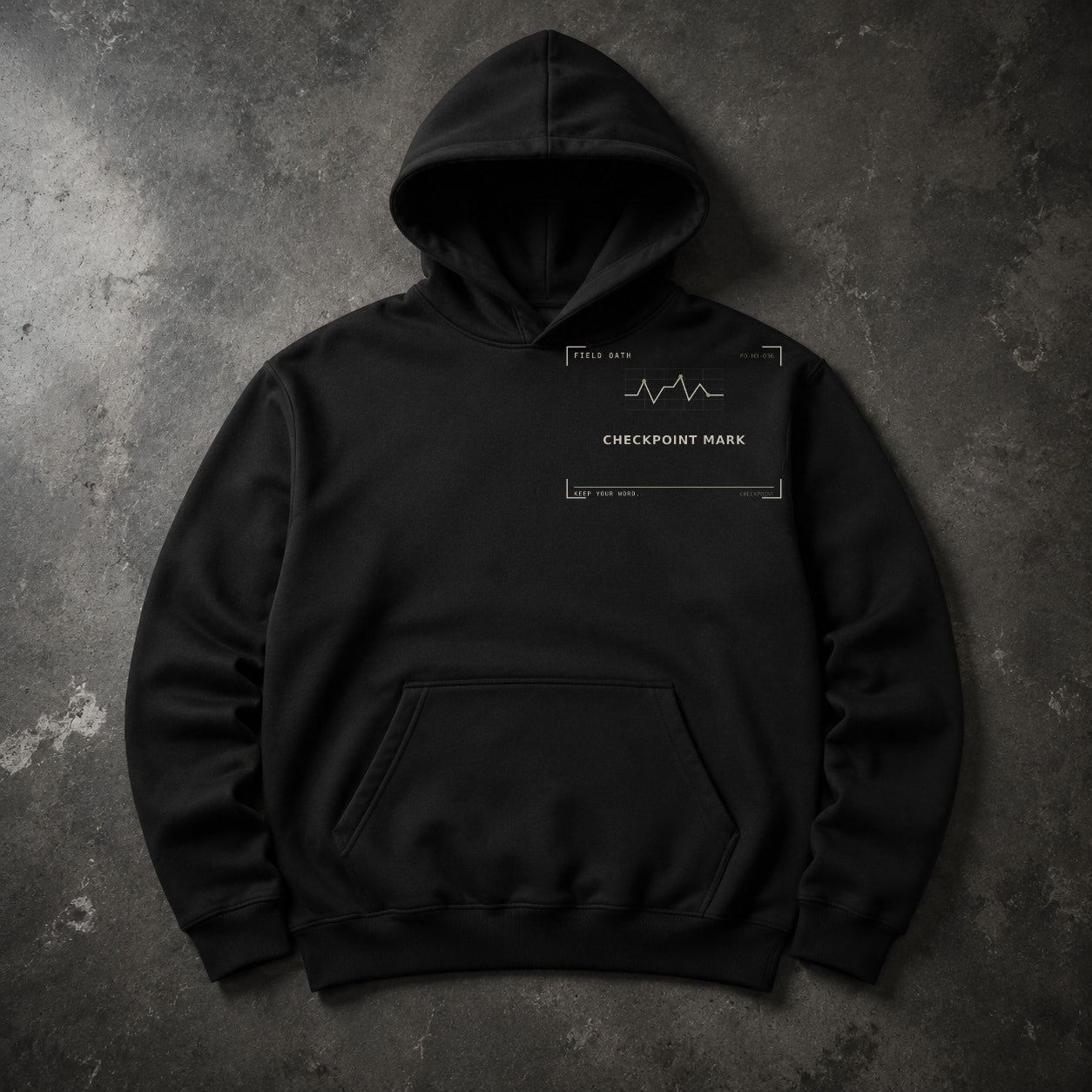 FIELD OATH Checkpoint Mark Hoodie black hoodie front artwork on dark concrete