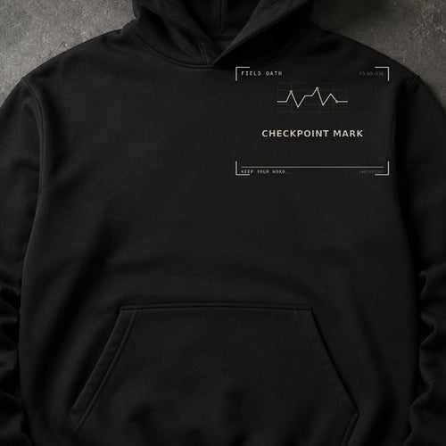 FIELD OATH Checkpoint Mark Hoodie close-up of original tactical artwork and fabric texture
