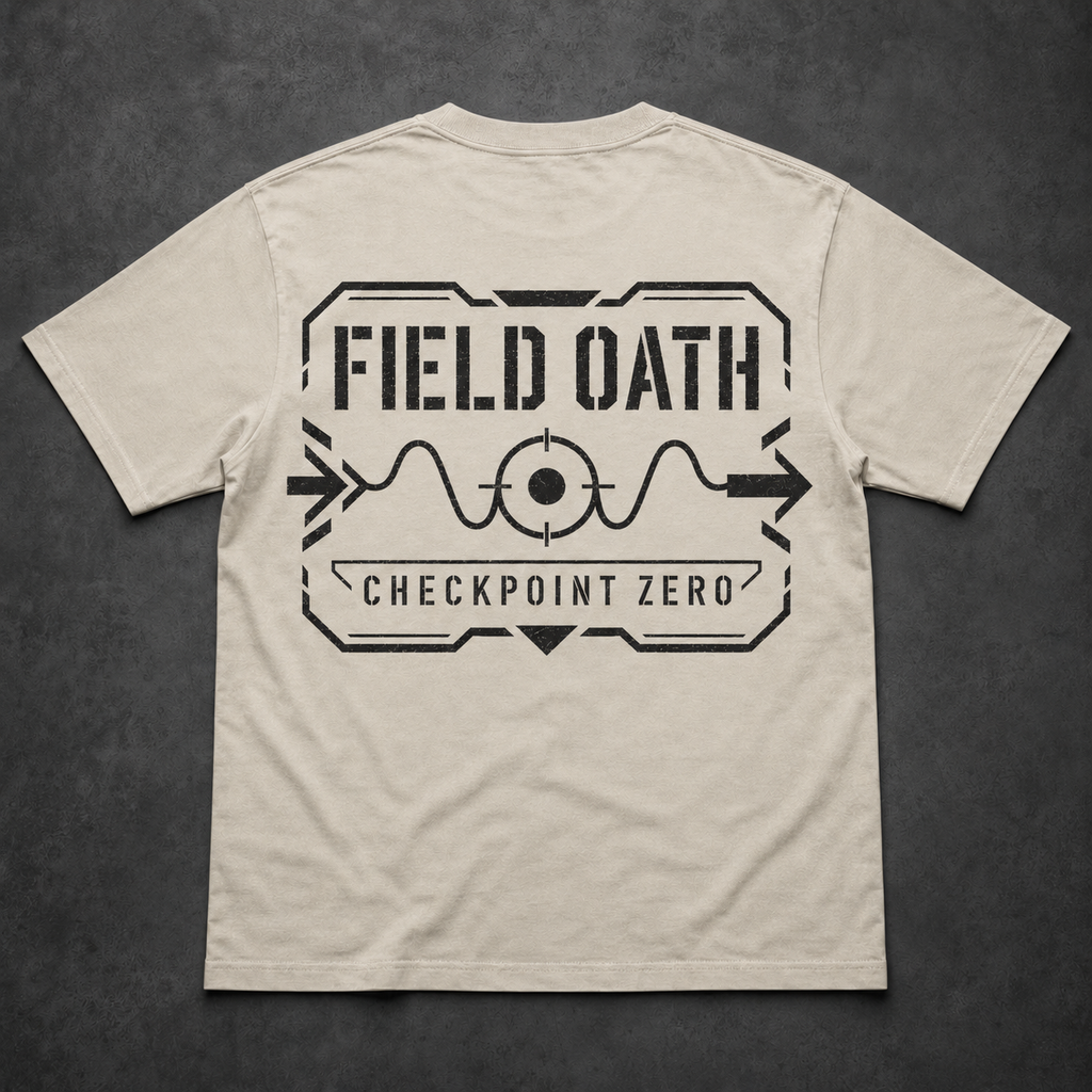 Bone FIELD OATH Checkpoint Zero T-Shirt back flat lay with entry and exit vectors and confirmed point graphic