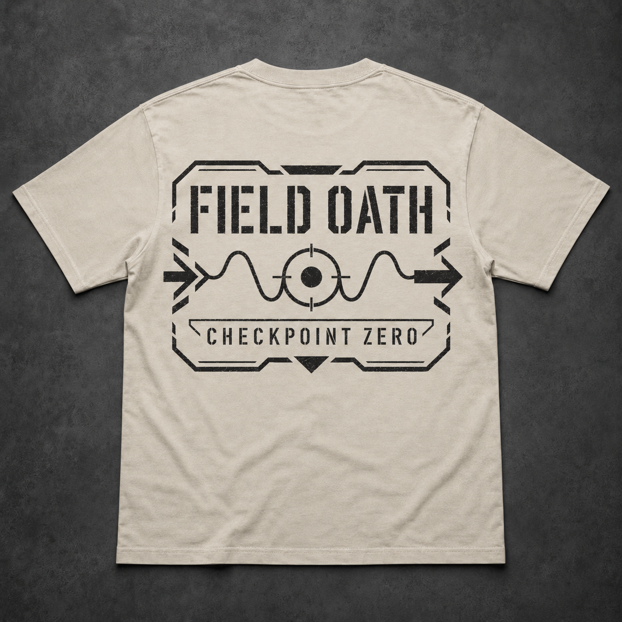 Bone FIELD OATH Checkpoint Zero T-Shirt back flat lay with entry and exit vectors and confirmed point graphic