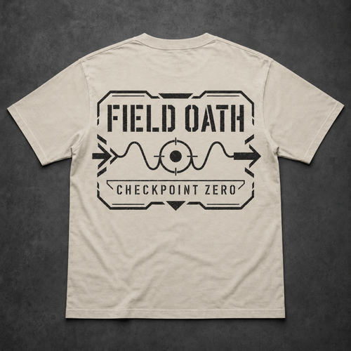 Bone FIELD OATH Checkpoint Zero T-Shirt back flat lay with entry and exit vectors and confirmed point graphic