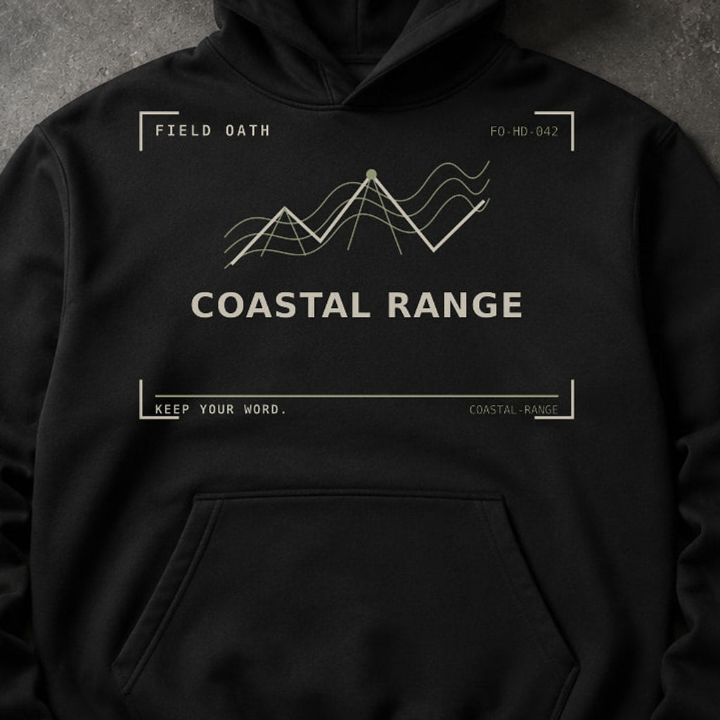 FIELD OATH Coastal Range Hoodie close-up of original tactical artwork and fabric texture