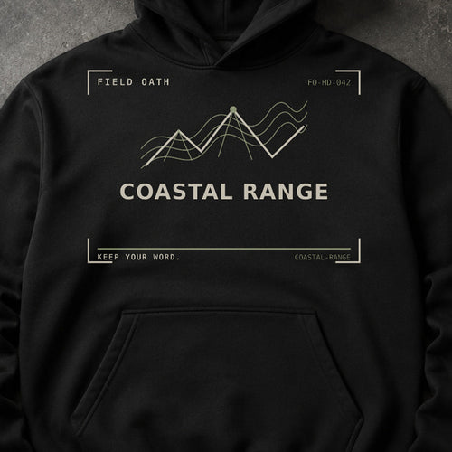 FIELD OATH Coastal Range Hoodie close-up of original tactical artwork and fabric texture