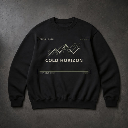 FIELD OATH Cold Horizon Crewneck black crewneck front artwork on dark concrete