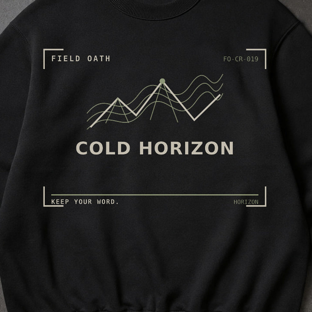 FIELD OATH Cold Horizon Crewneck close-up of original tactical artwork and fabric texture