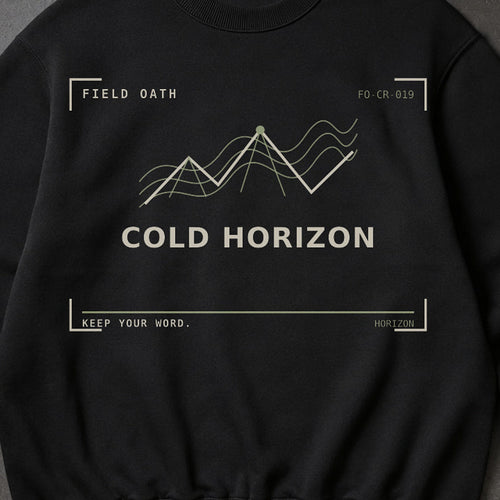 FIELD OATH Cold Horizon Crewneck close-up of original tactical artwork and fabric texture