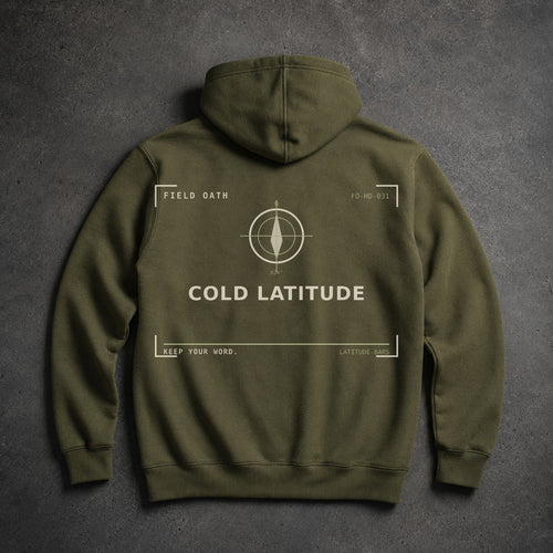 FIELD OATH Cold Latitude Hoodie field olive hoodie large back artwork on dark concrete