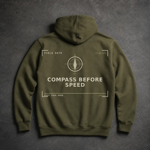 FIELD OATH Compass Before Speed Hoodie field olive hoodie large back artwork on dark concrete