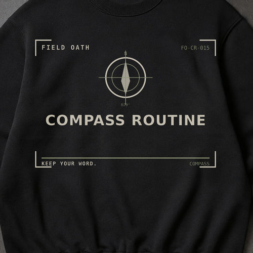 FIELD OATH Compass Routine Crewneck close-up of original tactical artwork and fabric texture