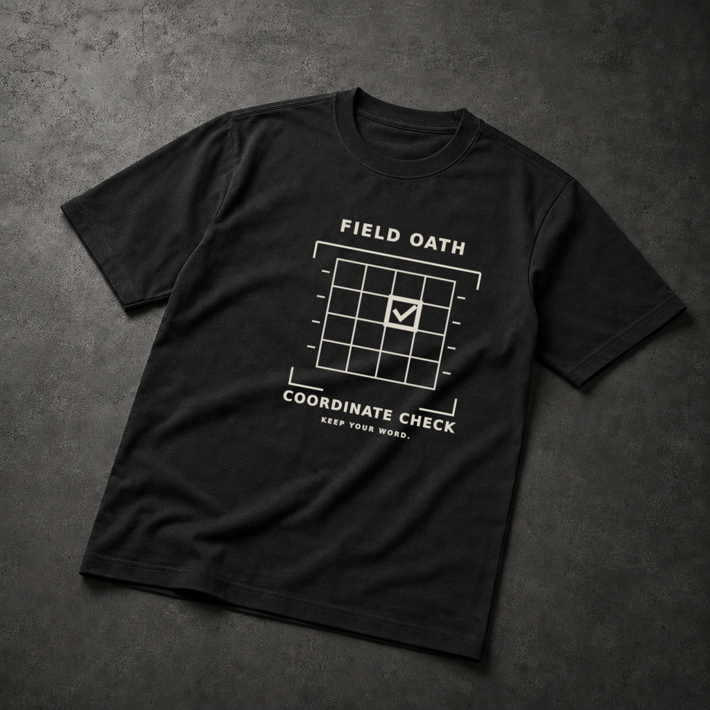Black FIELD OATH Coordinate Check T-Shirt front flat lay with checked coordinate grid graphic