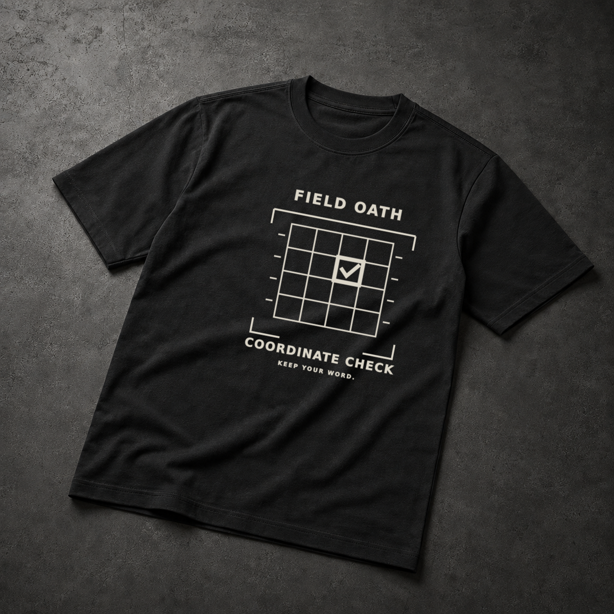 Black FIELD OATH Coordinate Check T-Shirt front flat lay with checked coordinate grid graphic