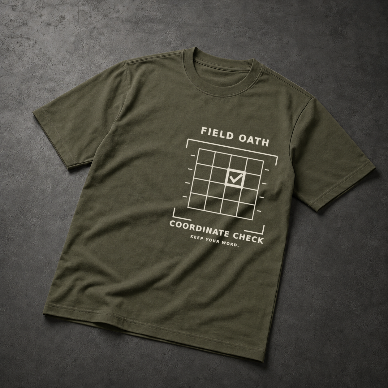 Field olive FIELD OATH Coordinate Check T-Shirt front flat lay with matching coordinate grid artwork