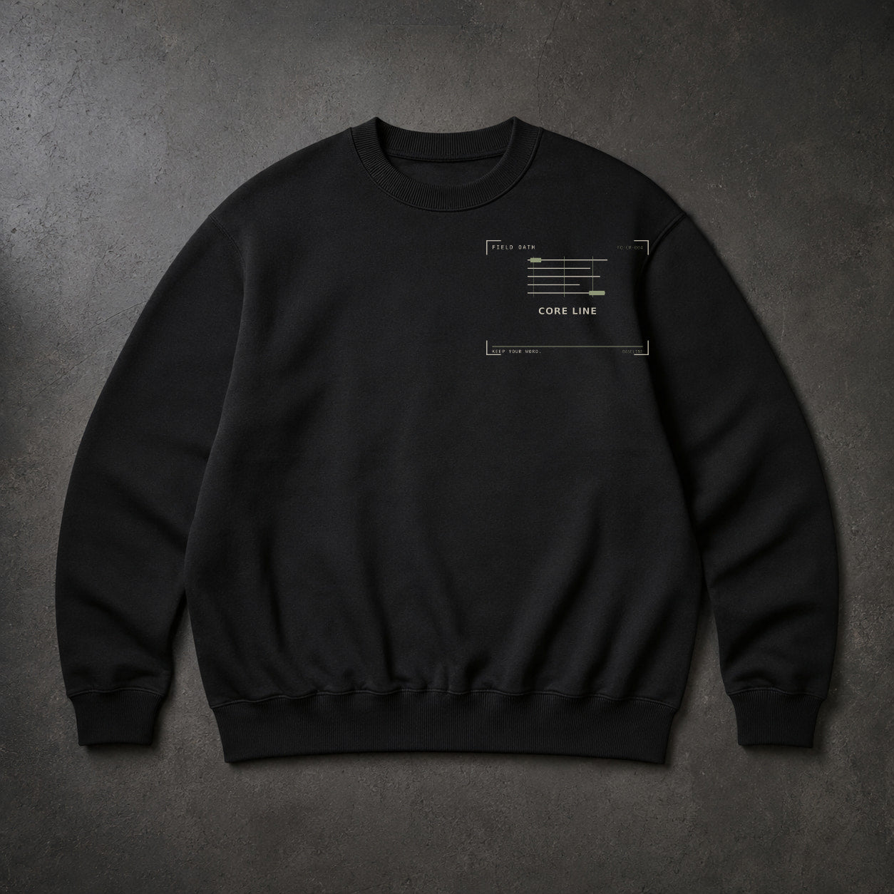 FIELD OATH Core Line Crewneck black crewneck front artwork on dark concrete