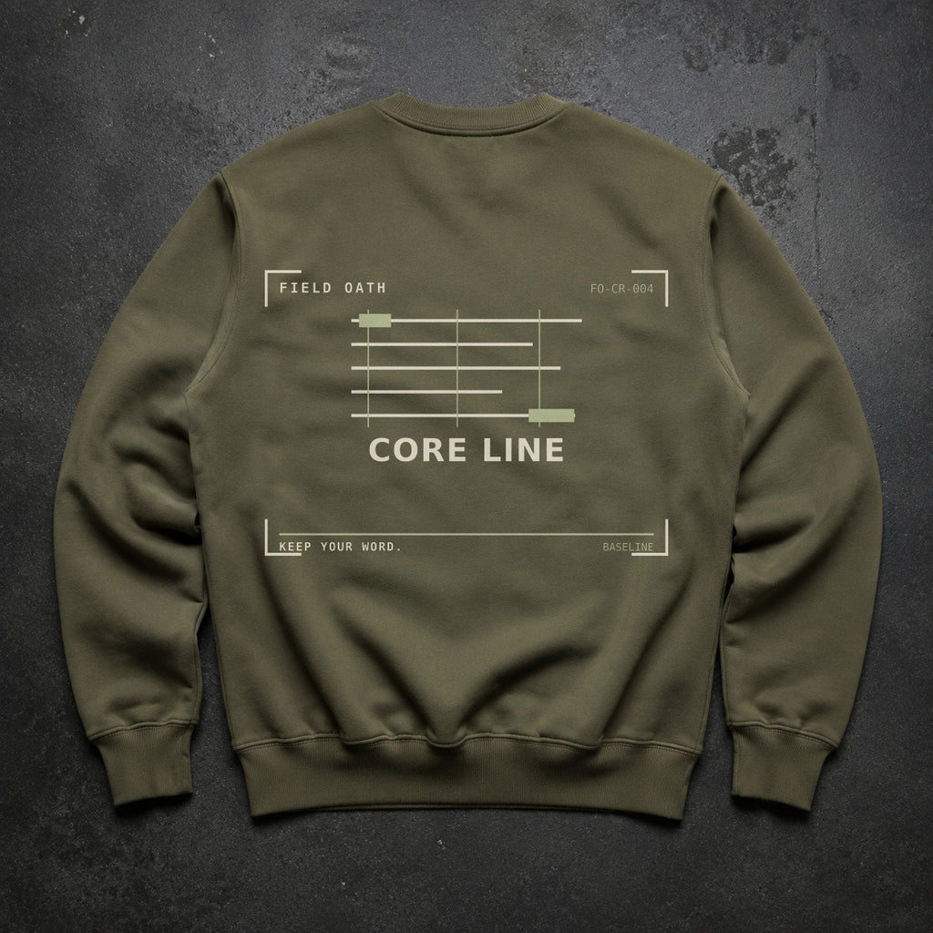 FIELD OATH Core Line Crewneck field olive crewneck large back artwork on dark concrete
