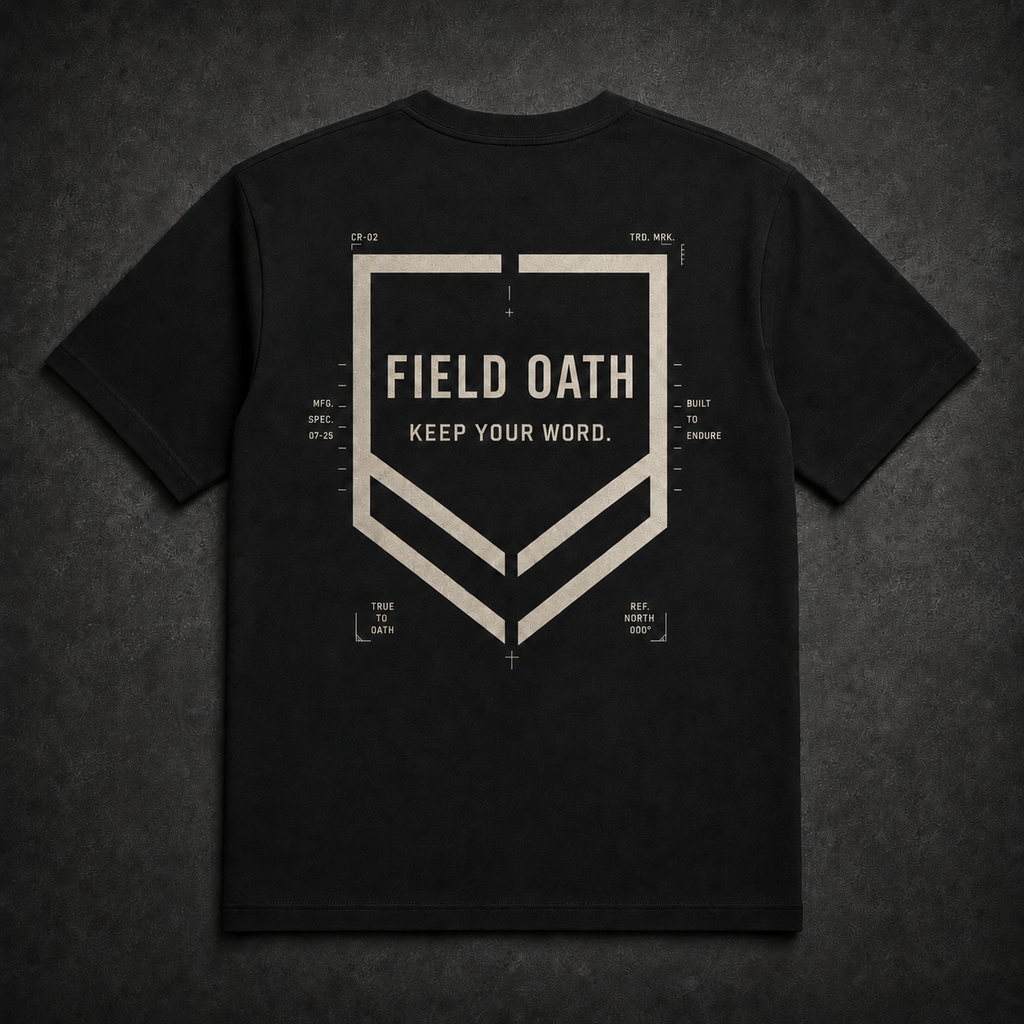 FIELD OATH Crest Line T-Shirt back in black with angular shield, connected chevrons and KEEP YOUR WORD.