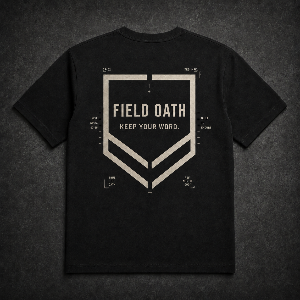 FIELD OATH Crest Line T-Shirt back in black with angular shield, connected chevrons and KEEP YOUR WORD.