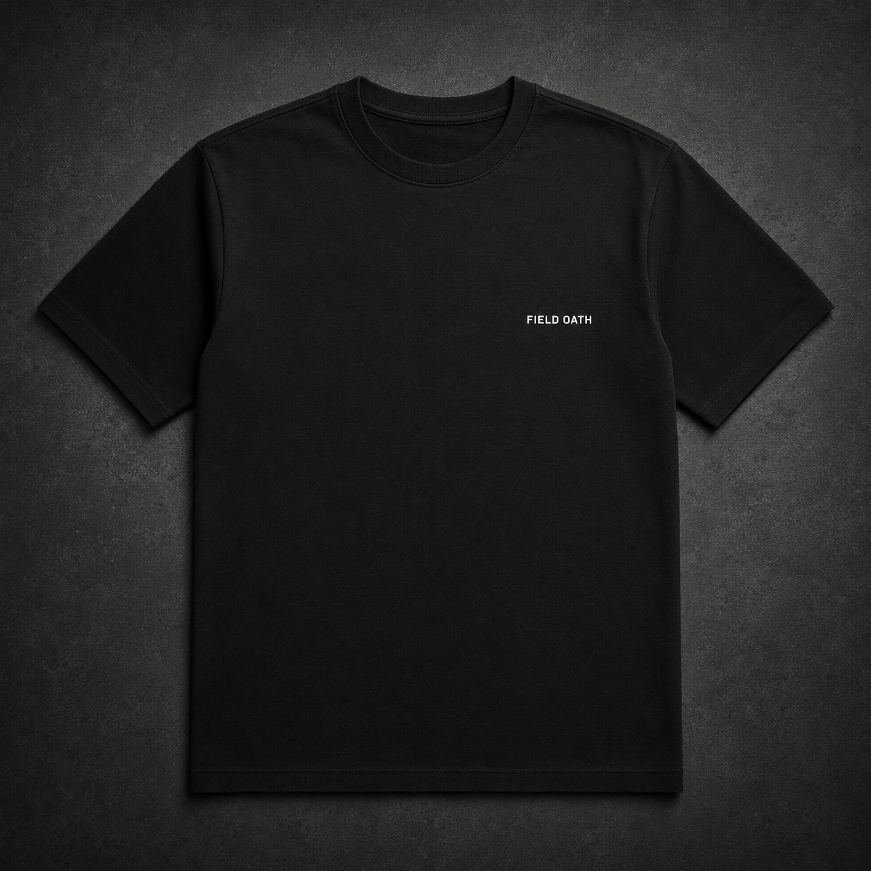 FIELD OATH Crest Line T-Shirt front view in black with small FIELD OATH chest identifier