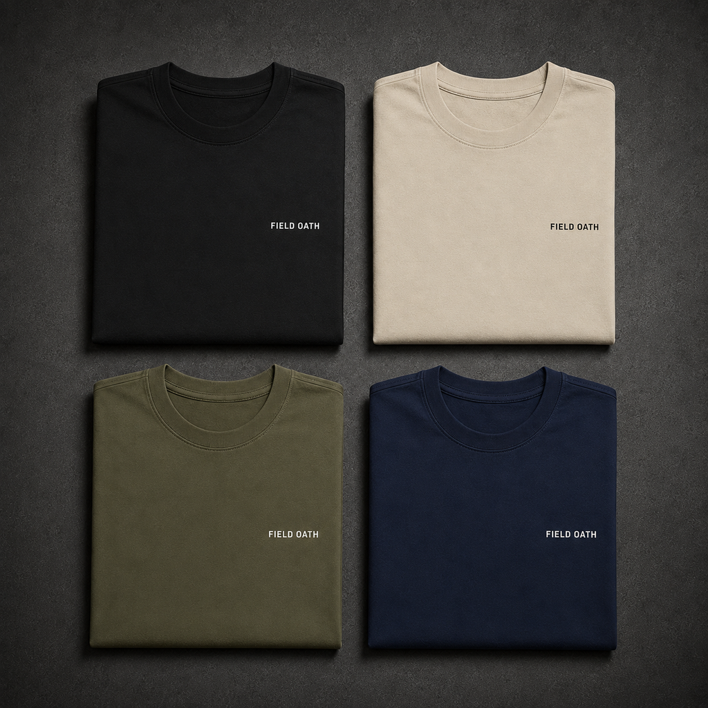 Black, Bone, Field Olive and Navy FIELD OATH Crest Line T-Shirt color comparison