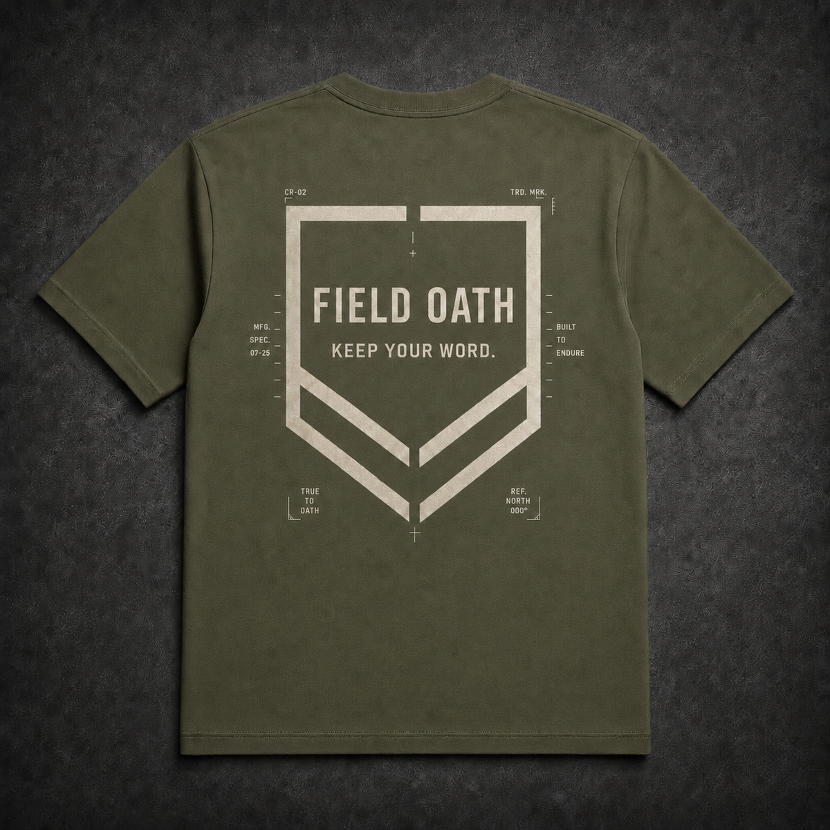 Field Olive FIELD OATH Crest Line T-Shirt back flat lay with angular shield artwork