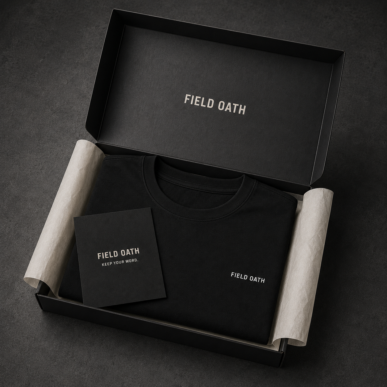 Black FIELD OATH Crest Line T-Shirt folded inside FIELD OATH tactical packaging