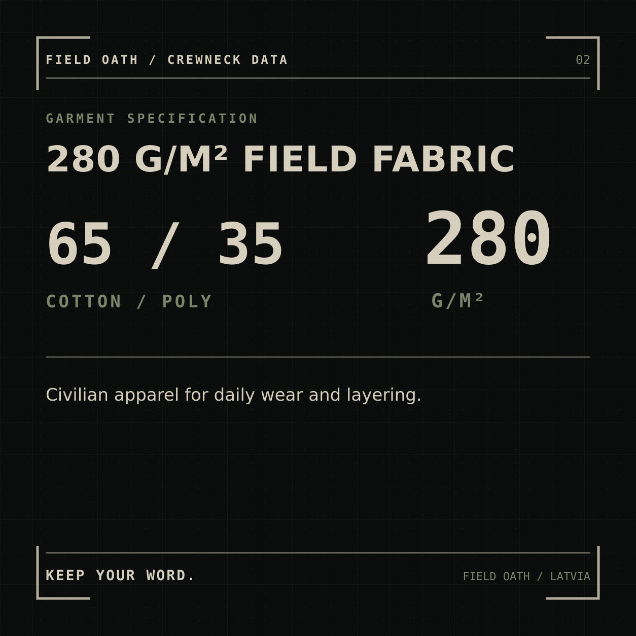 FIELD OATH Word Given Crewneck: material specification, 65 percent cotton, 35 percent polyester and 280 grams per square metre
