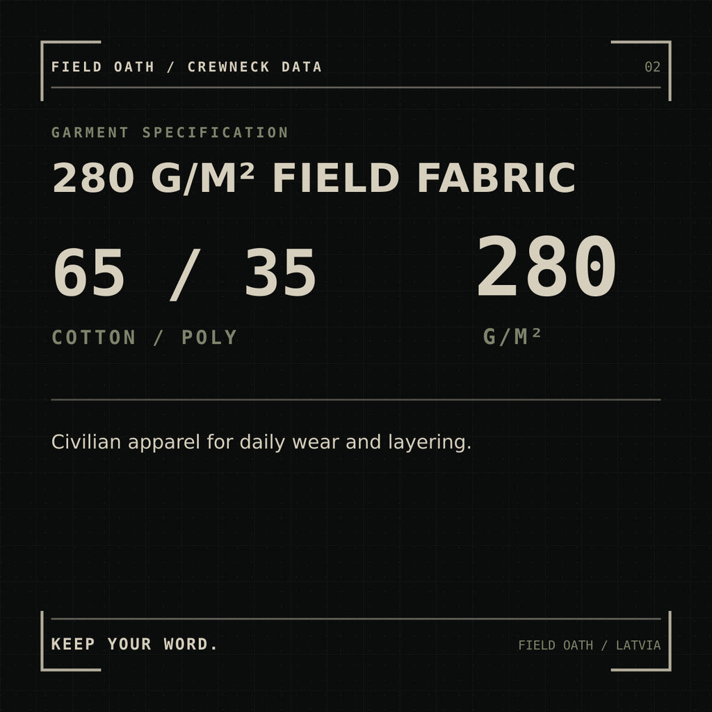 FIELD OATH Steady Course Crewneck: material specification, 65 percent cotton, 35 percent polyester and 280 grams per square metre