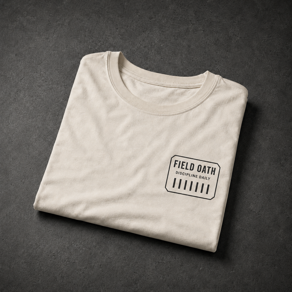 Bone FIELD OATH Discipline Daily T-Shirt folded with seven-mark left-chest print