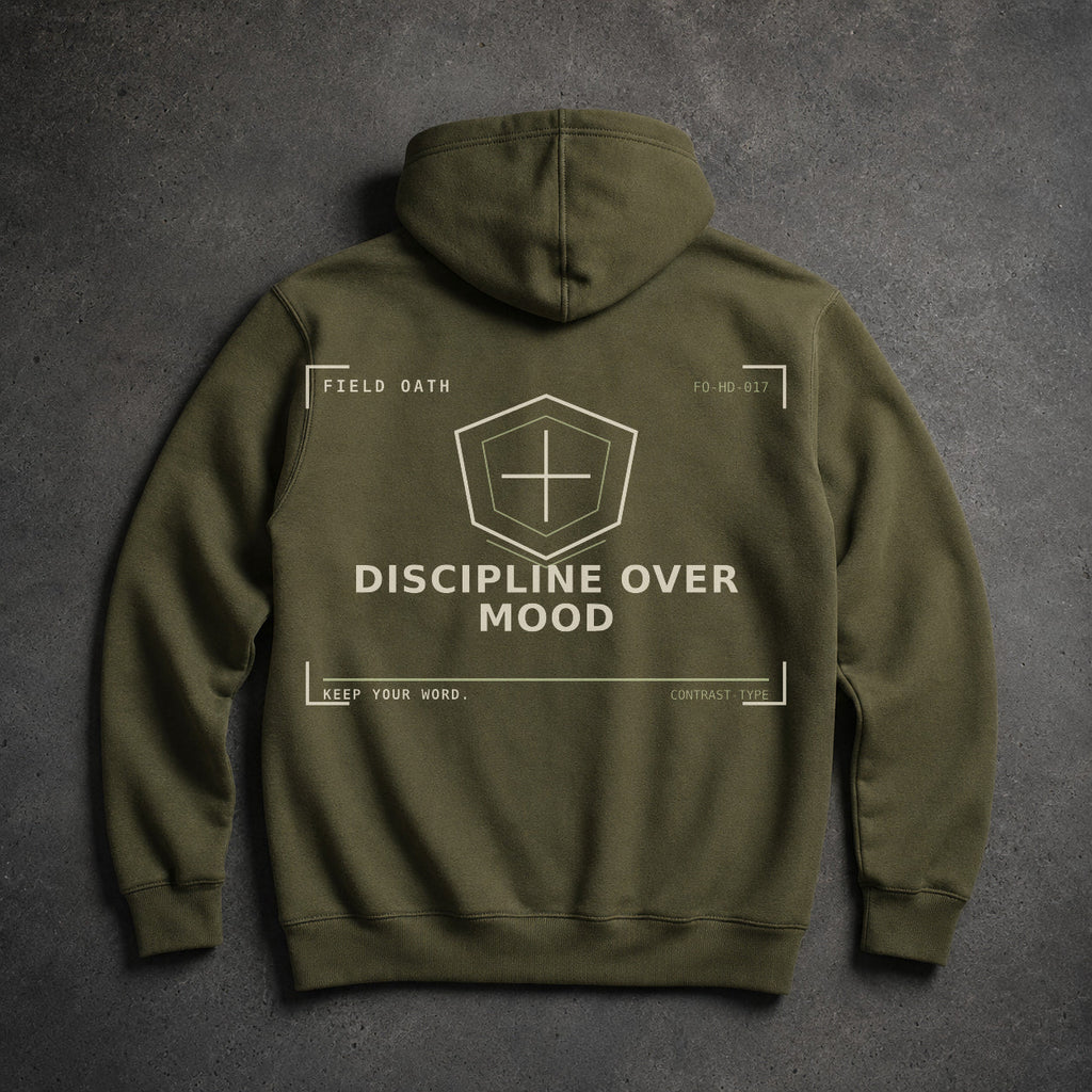 FIELD OATH Discipline Over Mood Hoodie field olive hoodie large back artwork on dark concrete