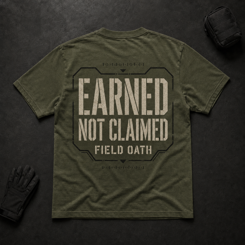 Field olive FIELD OATH Earned Not Claimed T-Shirt with large tactical back print