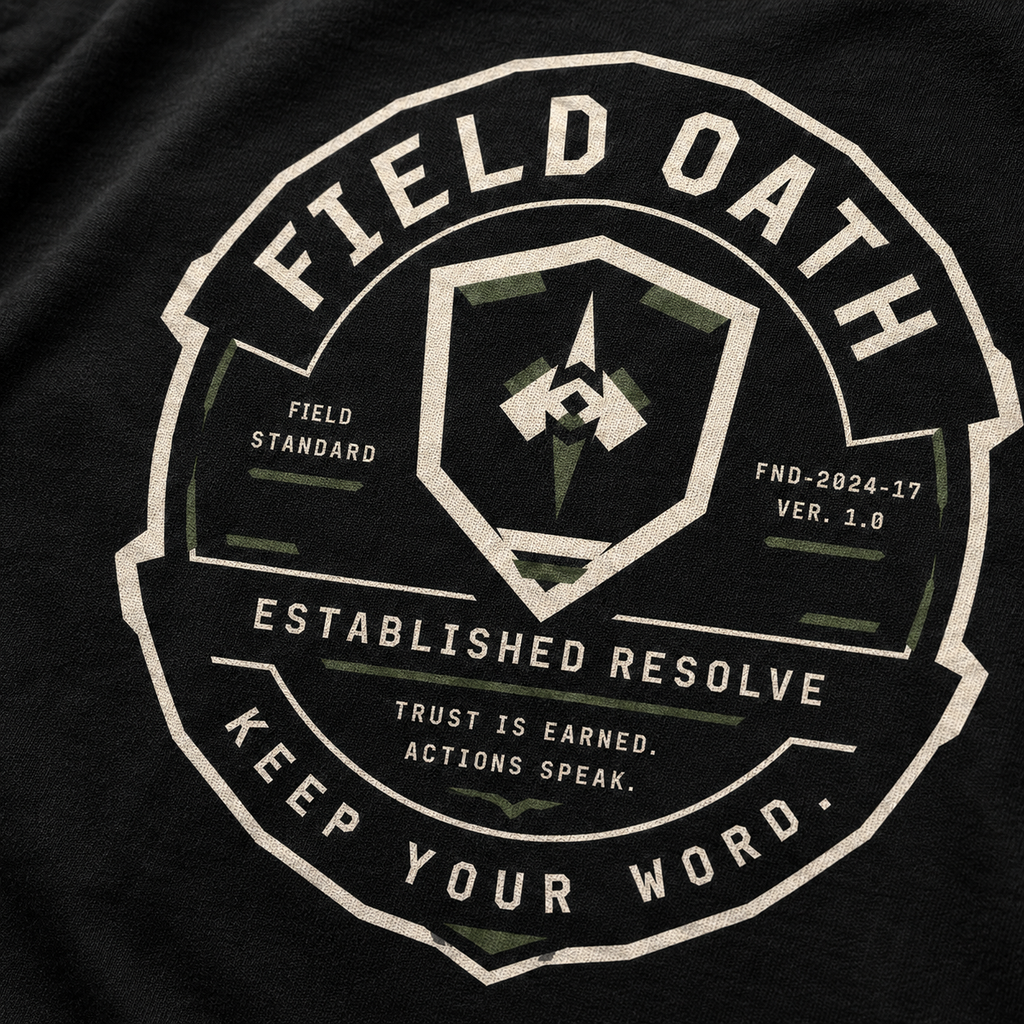 Close-up of FIELD OATH Established Resolve T-Shirt back equipment seal and cotton print texture