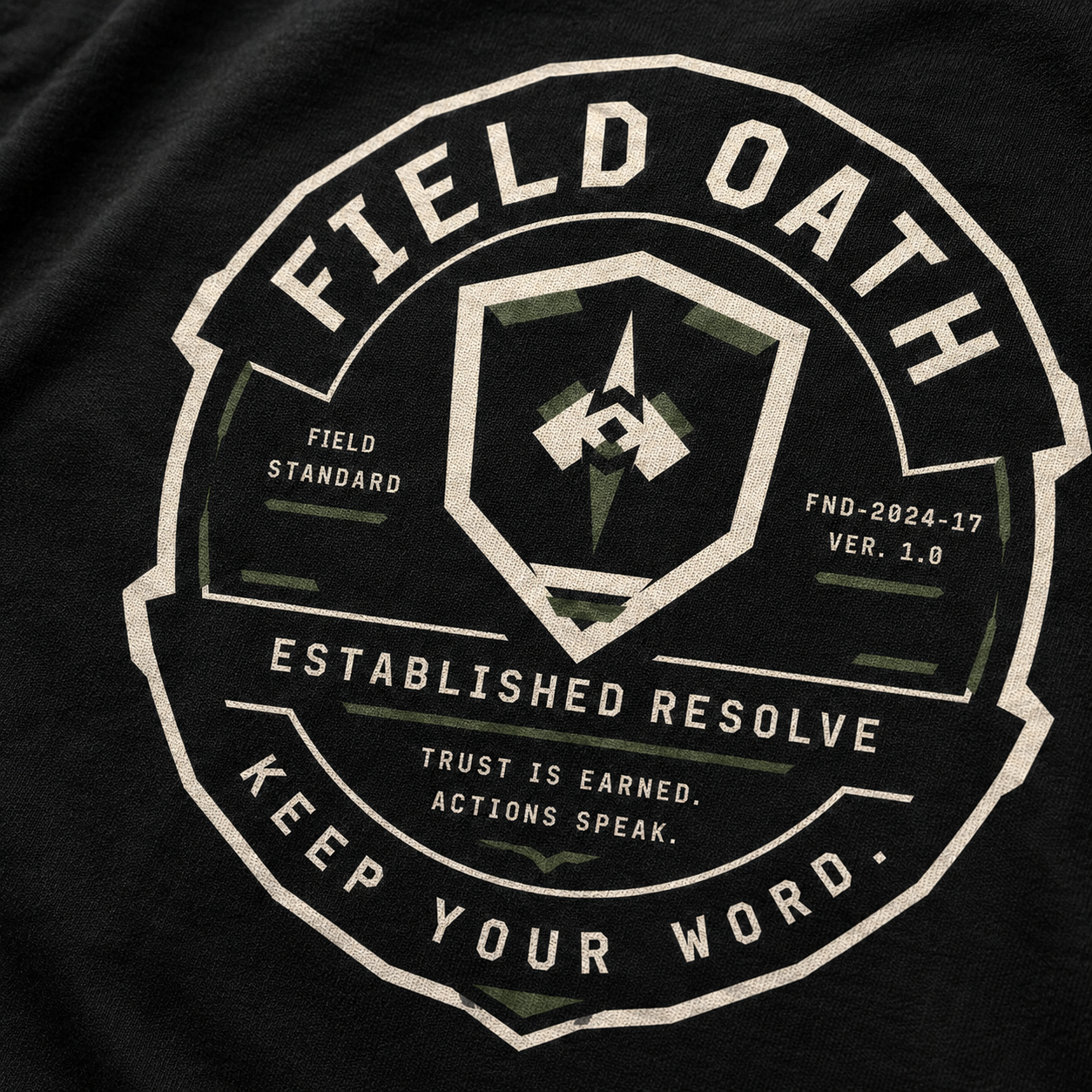 Close-up of FIELD OATH Established Resolve T-Shirt back equipment seal and cotton print texture